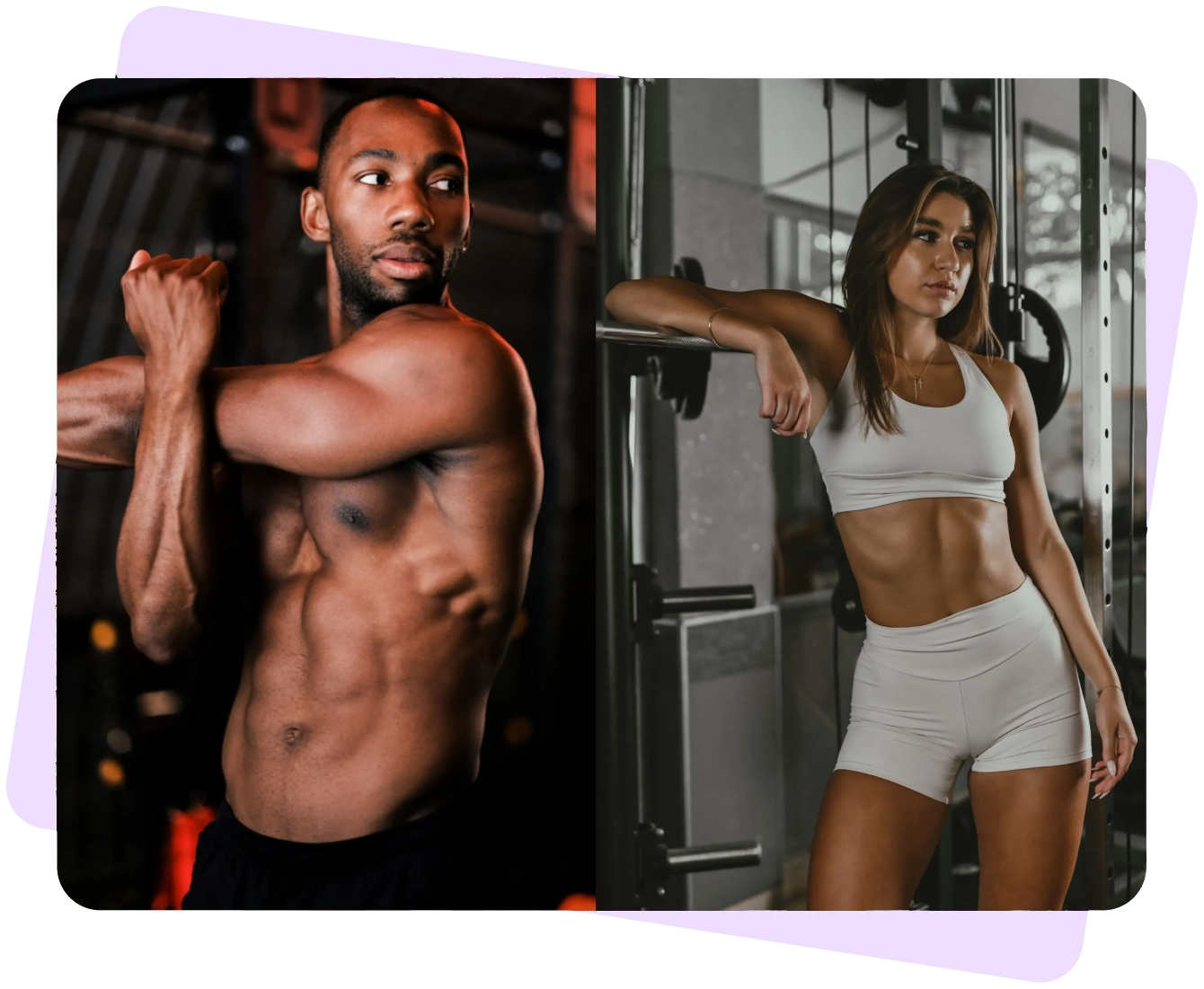 Man and woman posing in gym attire.